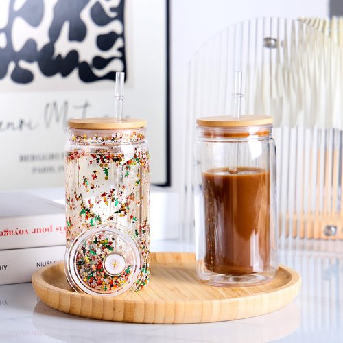 BGRAING 6 Pack 16 oz Acrylic Snow Globe Tumbler Double Wall Plastic Snowglobe Tumbler Cups with Pre-Drilled Hole, 100% Leak Proof, with Bamboo Lids & Clear Lid, for Snow Globe Glitter DIY Gift