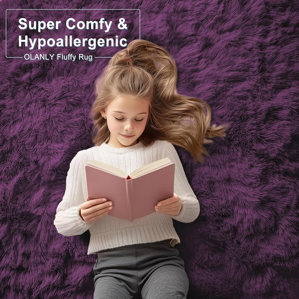 OLANLY 3x5 Soft Fluffy Shaggy Bedside Rug - Machine Washable Indoor Carpet for Kids & Nursery | Dark Purple