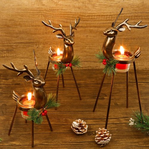 Juegoal Reindeer Tealight Candle Holders Set - Durable Iron Metal Christmas Decorations | Glass Votive Centerpiece