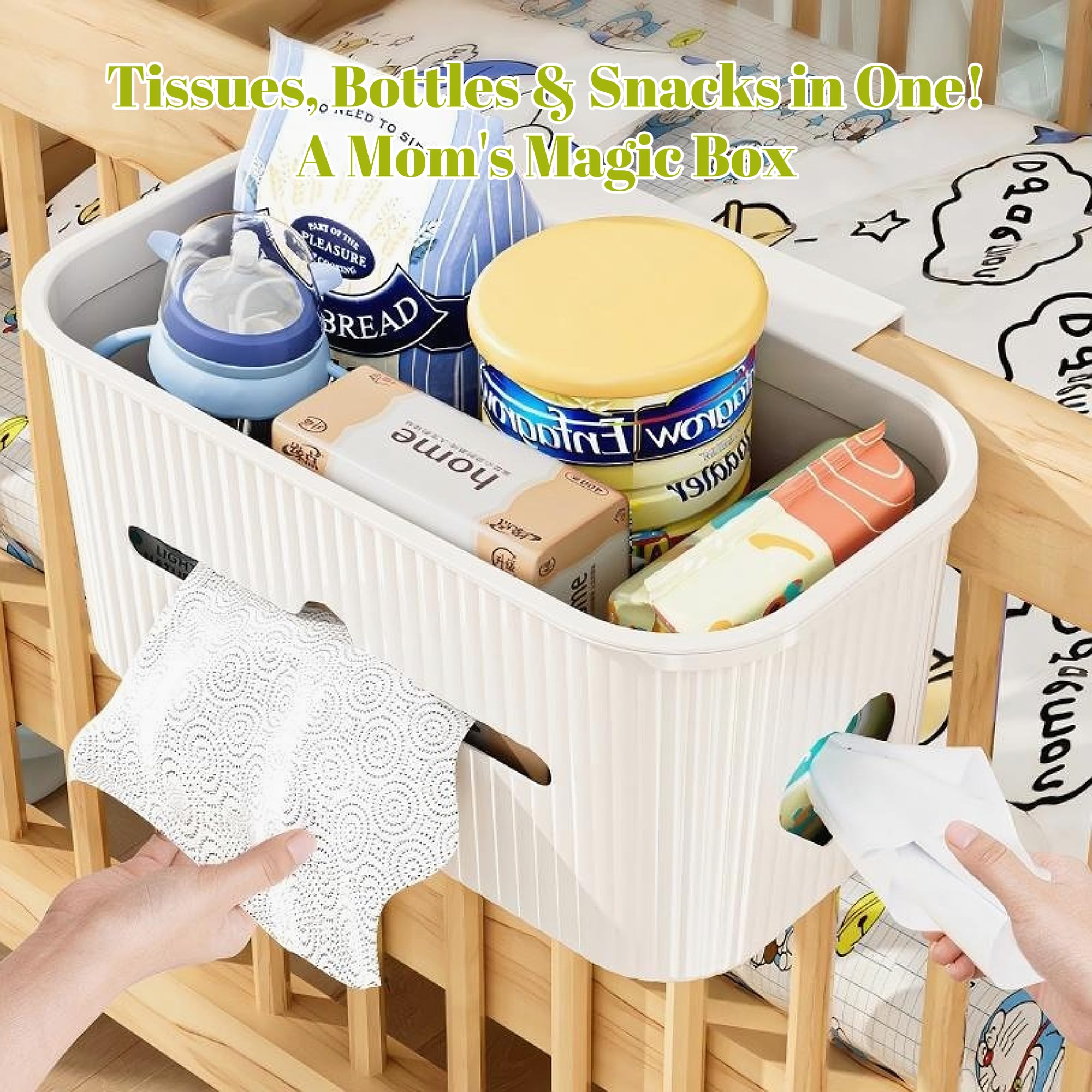 VIREYA Bedside Storage Box Bin Organizer Diaper Caddy Organizer for Kids Bed, Crib, Playard ,Playpen, Nursery Bedroom, Bathroom Essentials,for Books, Tissues, Cup & Snacks (Beige)