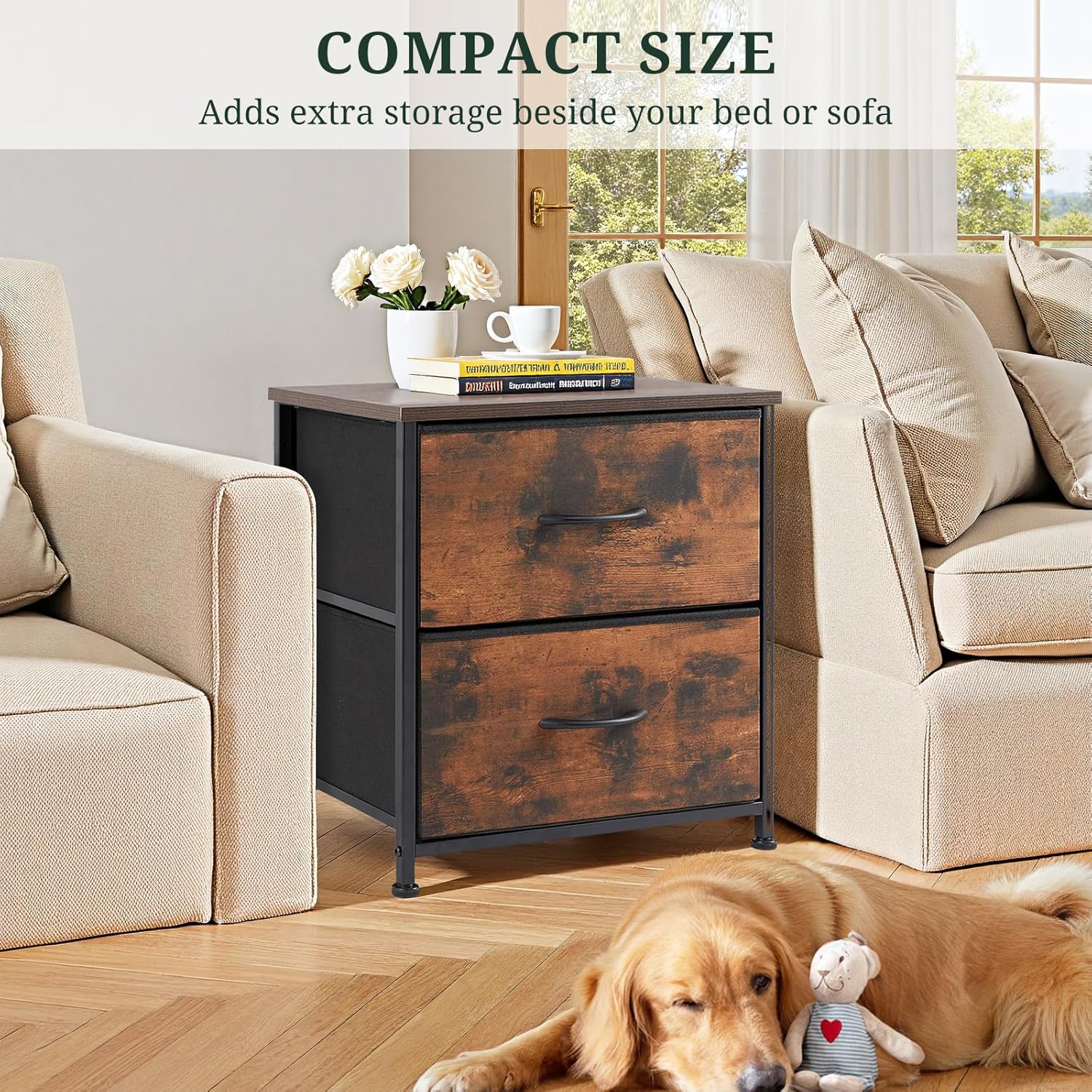 Regine Switzerland Nightstand - Small 2 Drawer Dresser with Wooden Top & Fabric Bins | Brown, 11.8" D x 18" W x 20" H