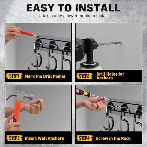 ELEAD 68'' Adjustable Metal Garden Tool Organizer - Wall Mount with Black Hooks for Garage Storage