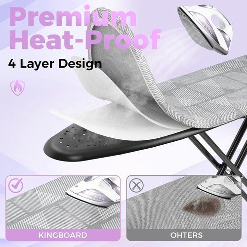 KINGBOARD Compact Ironing Board - Heat Resistant Cover & Silicon Iron Mat | 7 Height Adjustable, 13x43 Grey