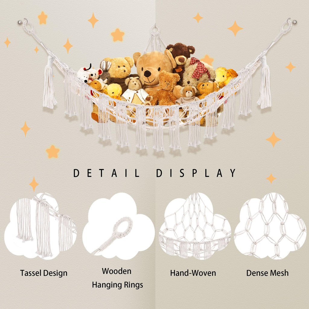 CERETIA Stuffed Animal Hammock with LED Light, Large Stuffed Animals Storage Corner Plushie Net for Kids Room Decor, White