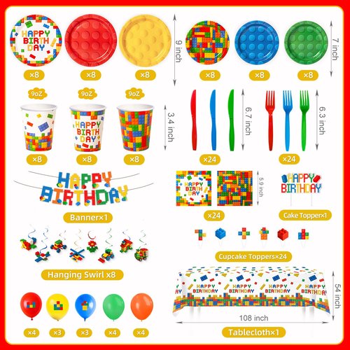 197 Pcs Building Blocks Birthday Paper Plates Tableware Set (Serves 24), Colorful Blocks Supplies Include Banner Pendant Plates Napkins Cups Forks Knives Tablecloth Topper Balloons For Kids Party
