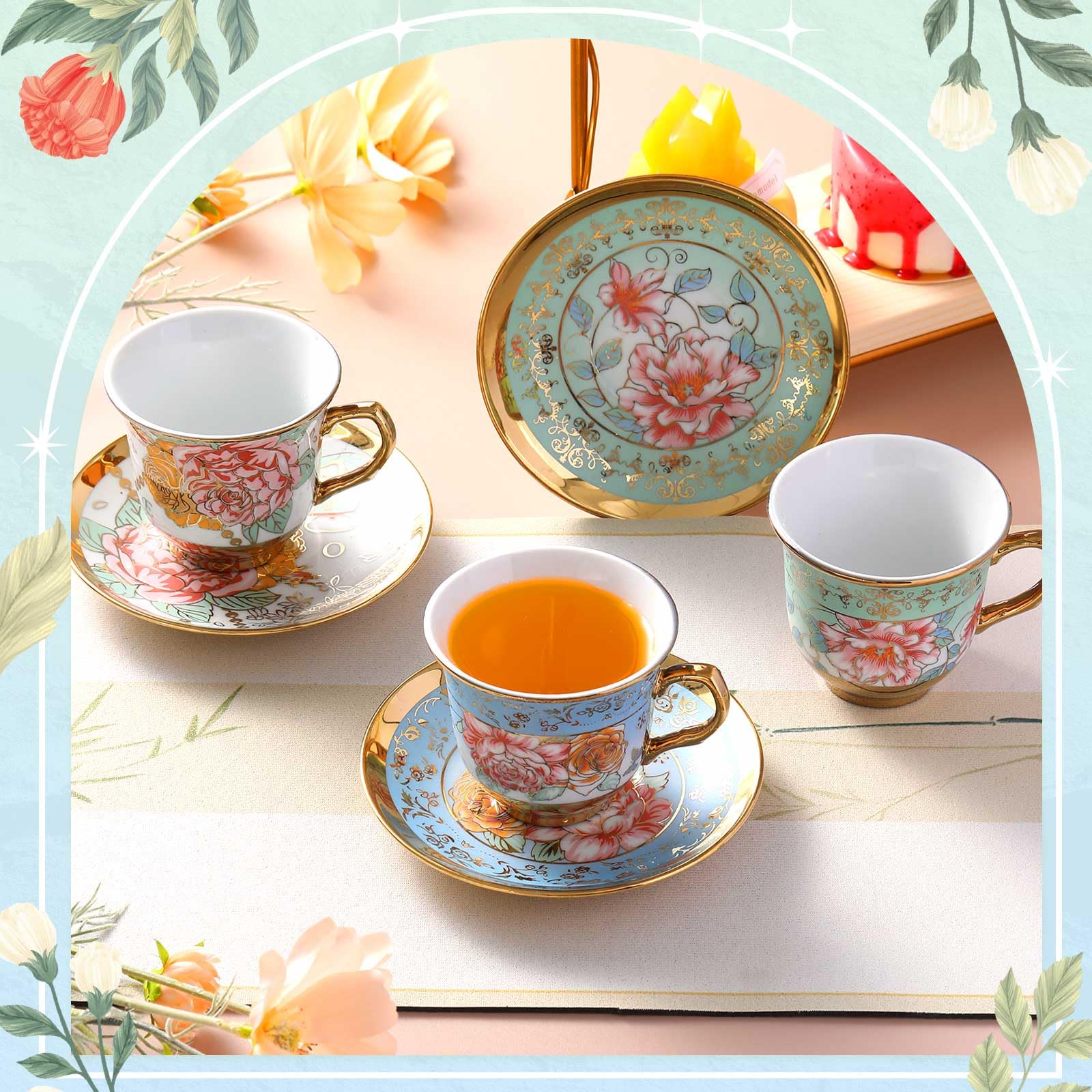 Teenyyou Set of 18 Tea Cups and Saucers Tea Party Decorations Floral Porcelain 5.4 oz British Gift for Women Birthday Party, Church, and Mother's Day (Classic Style)