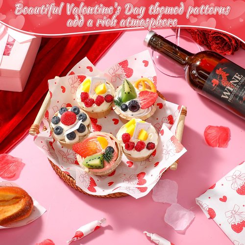 Supervitae 150 Pcs Valentine Wax Paper Sheets for Food Baking Sandwich Wrapping Tissue Heart Parchment Paper Greaseproof Waterproof Basket Liners for Picnic Valentine Party Favors(Strawberry Bow)