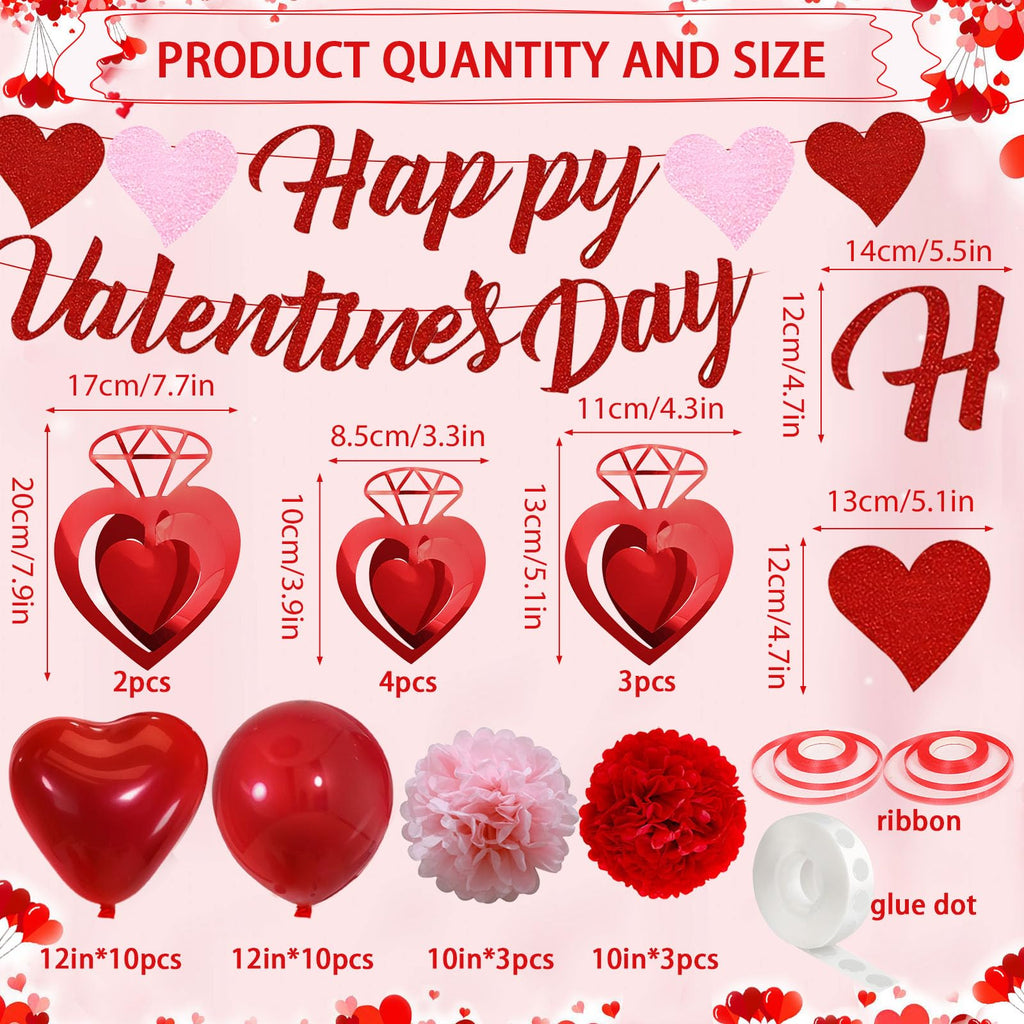 Valentines Day Decorations, Happy Valentines Day Banner and Red Heart Balloons for Valentines Decor with Paper Flowers and Heart Hanging Decor
