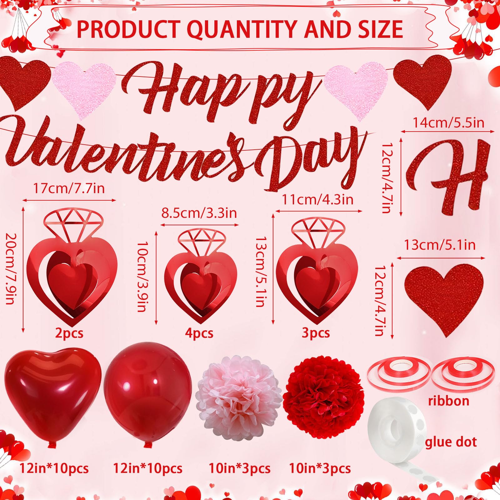 Valentines Day Decorations, Happy Valentines Day Banner and Red Heart Balloons for Valentines Decor with Paper Flowers and Heart Hanging Decor