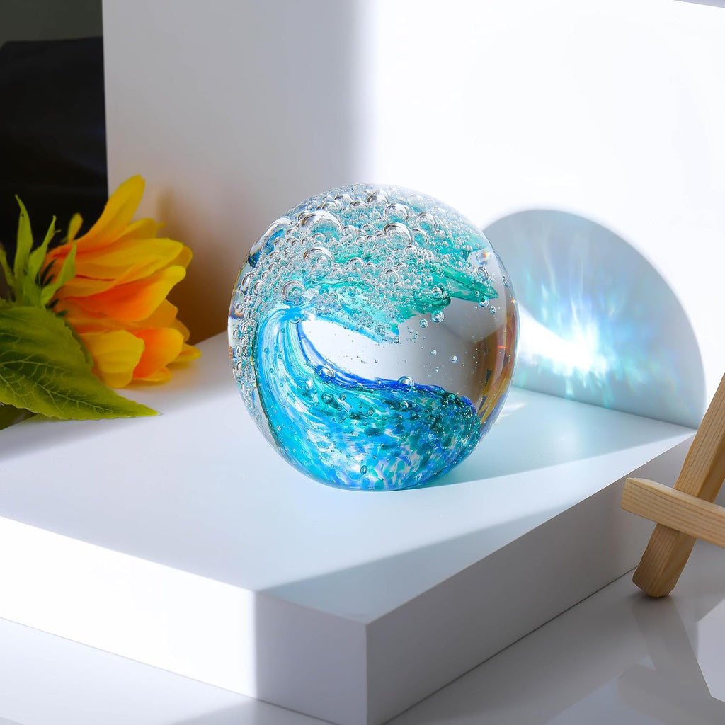 Qianwei Hand Blown Ocean Waves Crystal Ball - Unique Glass Collectible Sphere for Home & Office Decor