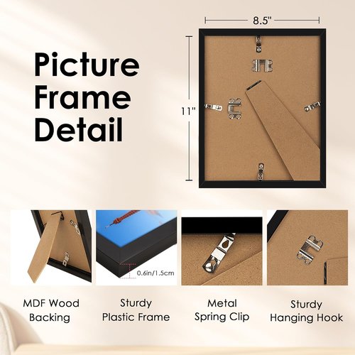 FIXSMITH 8.5x11 Picture Frame - Black HD Plexiglass Frame for 6x8 or 8.5x11 Photos | 2 Pack