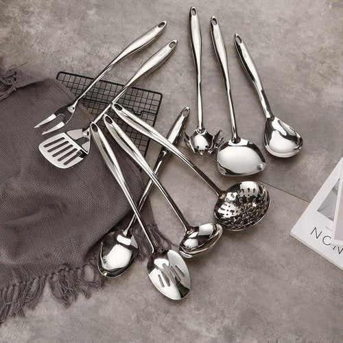 304 Stainless Steel Kitchen Utensil Set - 9-Piece Cooking Tools with Solid Spoon, Spatula & Fork