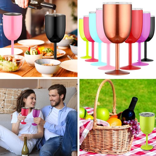 Yinder 8 Pcs Stemmed Stainless Steel Wine Glasses, 12 oz Stainless Wine Goblet with Lids Double Wall Insulated Unbreakable Goblets Insulated Stem Tumbler for Friendship Birthday Party(8 Colors)