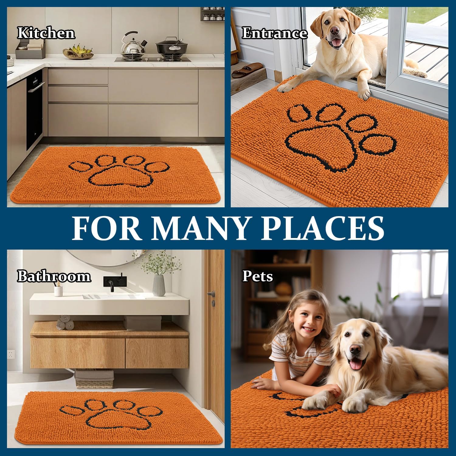 OLANLY Dog Door Mat - Absorbent Non-Slip Muddy Paws Mat | Quick Dry Chenille, 30x20, Paw Print Design