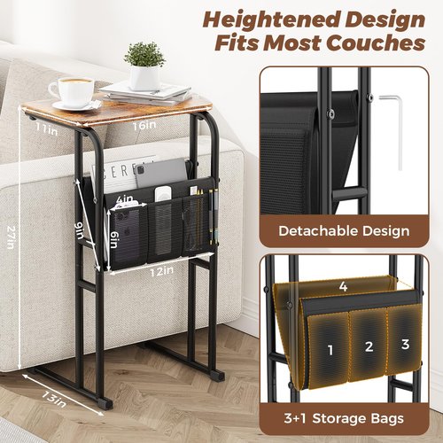 Olldide C-Shaped End Table with Storage Bag, Side Table for Living Room Bedroom, Slide Under Couch Sofa TV Trays Desk, Small Narrow Space Applicable, Rustic Brown