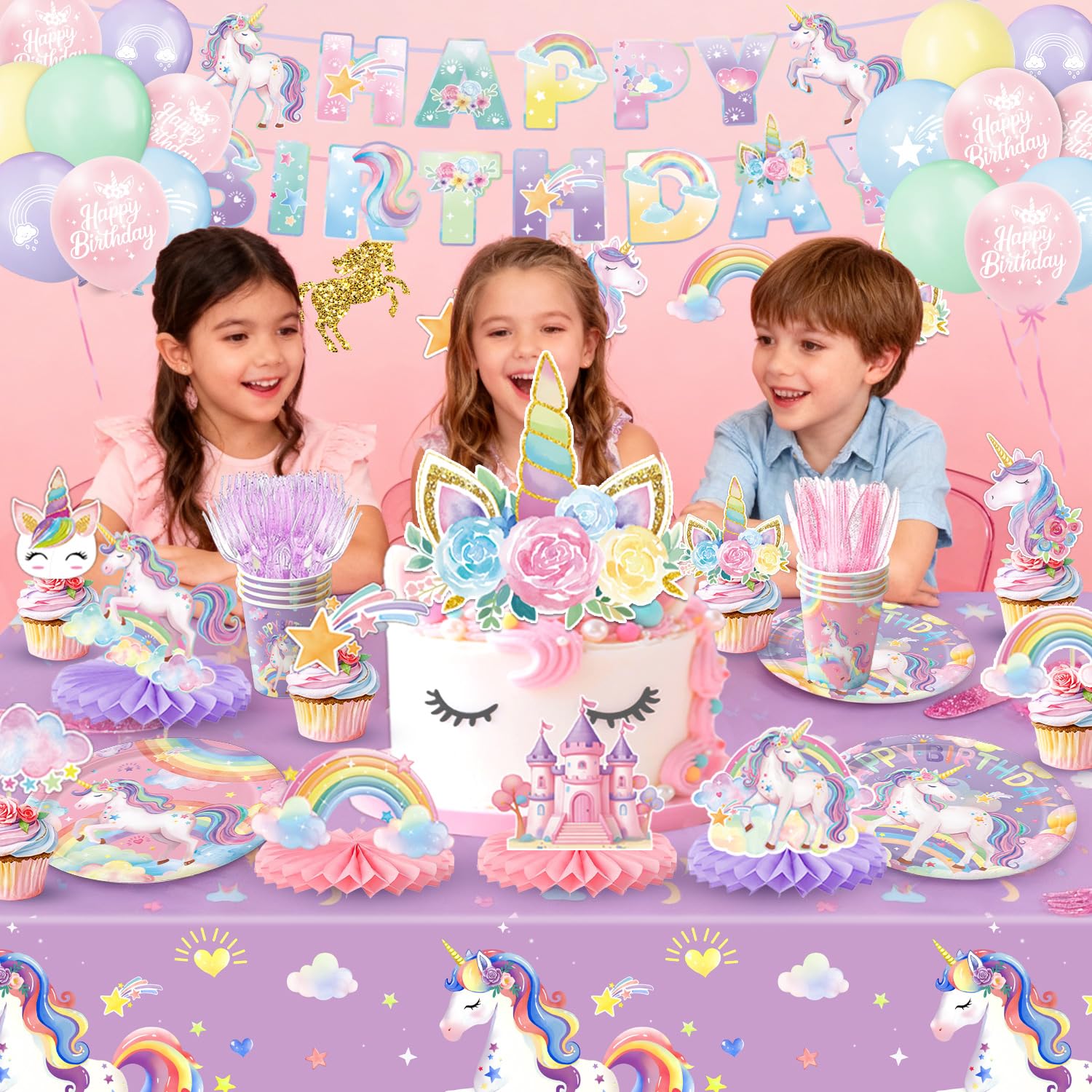 NKPDAXM Unicorn Birthday Decorations - Plates, Napkins, Cups, Cutlery, Hanging Swirls, Banner, Honeycomb Centerpiece, Balloons, Tablecloths for Rainbow Girls Birthday Party Decorations, Serves 24