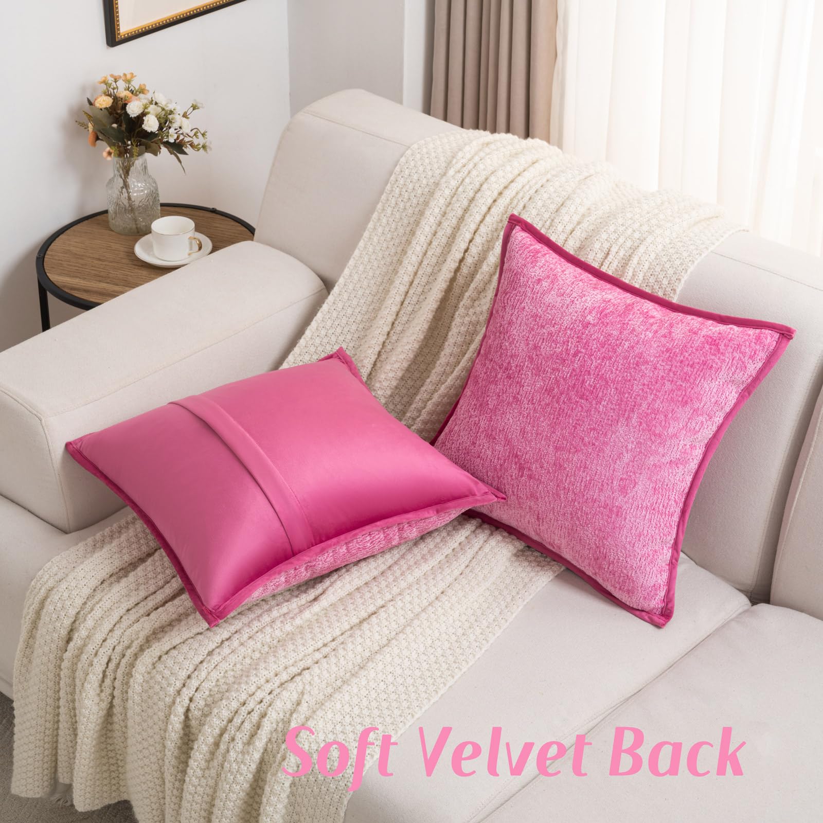 FUTEI Hot Pink Chenille Throw Pillow Covers 18x18 Inch Set of 2,Soft Cozy Bound Edge Design Cushion Case,Home Decor for Couch Bed Living Room