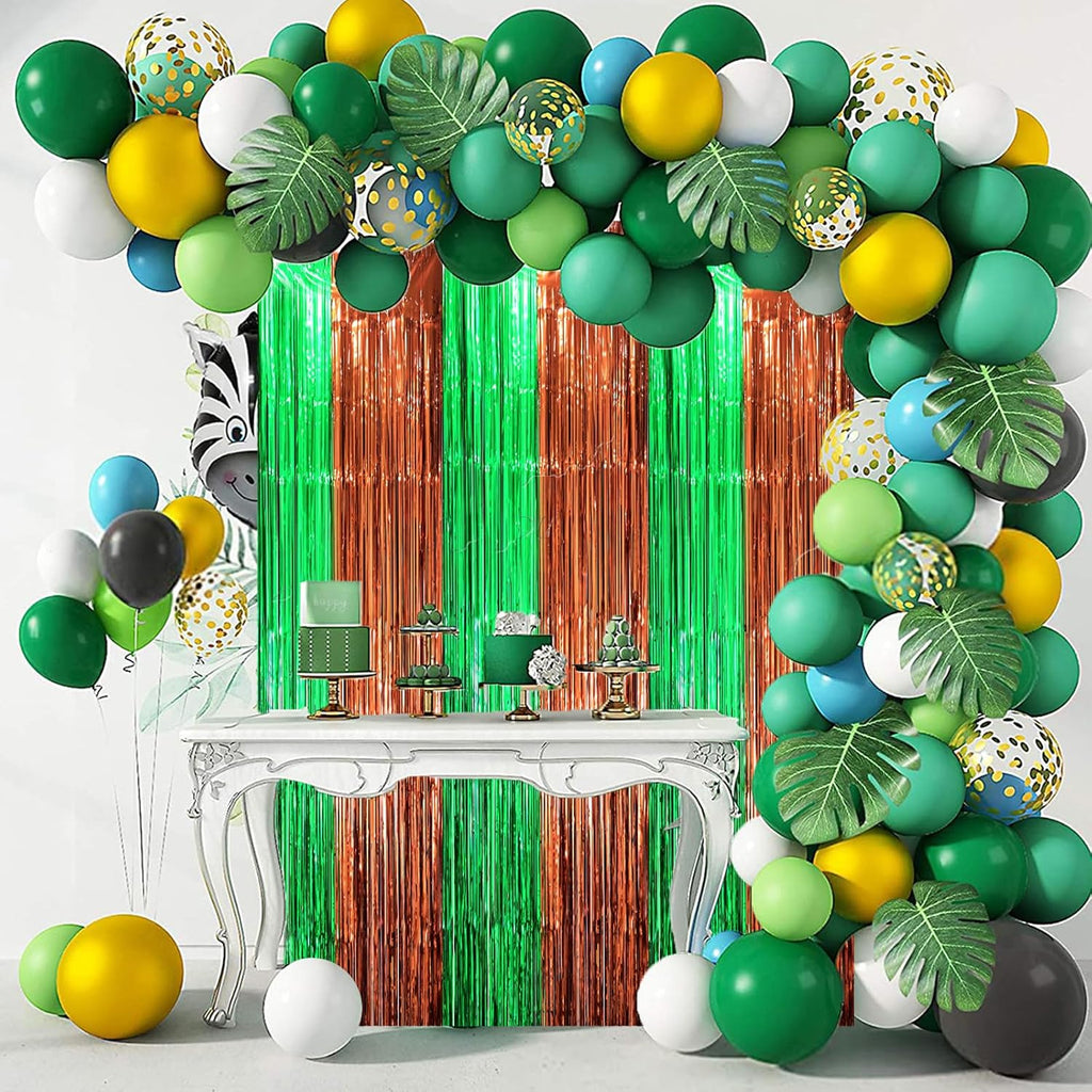 Voircoloria Foil Fringe Backdrop Curtains - 3 Pack Green & Brown Tinsel Streamers for Parties | 3.3 x 8.2 ft