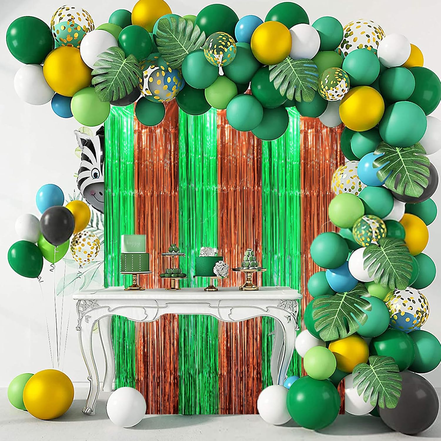 Voircoloria Foil Fringe Backdrop Curtains - 3 Pack Green & Brown Tinsel Streamers for Parties | 3.3 x 8.2 ft