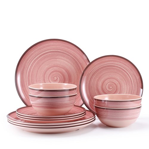 12Pcs Melamine Dinnerware Set, Plates And Bowls Sets for 4, Pink Color Dinnerware Sets, Melamine Plates Bowls Indoor and Outdoor Use Dish Set Dishwasher Safe BPA Free(Pink)