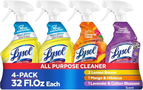Lysol All-Purpose Cleaner Spray - Multi-Purpose Disinfectant for Kitchen & Bathroom - Lemon Breeze, Lavender, Mango | 32oz (Pack of 4)