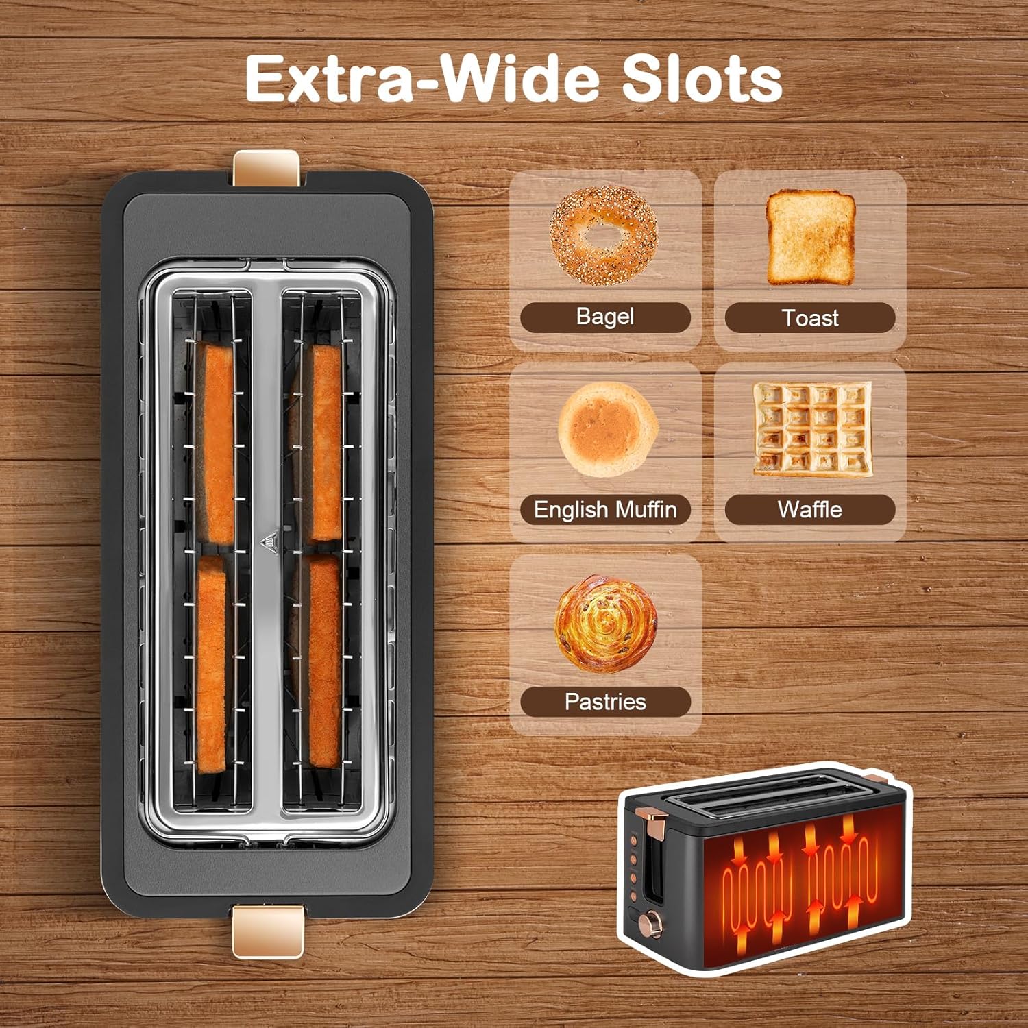 Mecity 4-Slice Long Slot Toaster - Stainless Steel with Warming Rack & 6 Browning Settings | 1300W, Grey