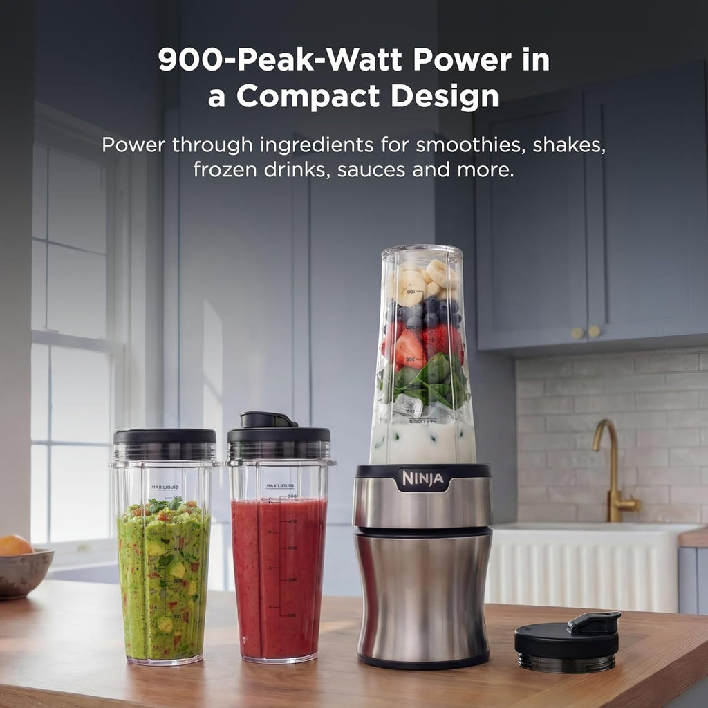 Ninja Nutri-Plus Personal Blender - Compact Push to Blend for Smoothies & Frozen Drinks | 900W | Silver | 3 To-Go Cups