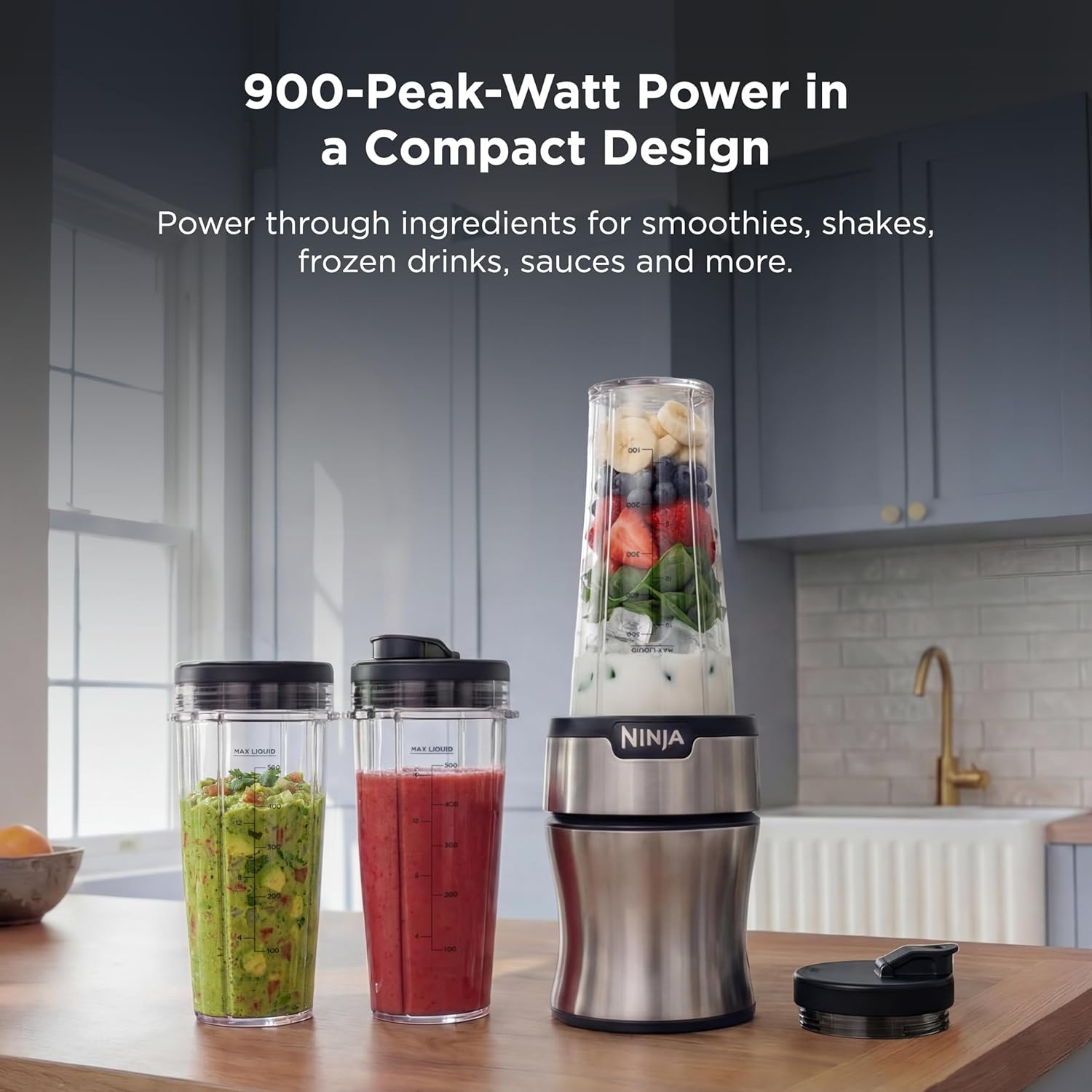 Ninja Nutri-Plus Personal Blender - Compact Push to Blend for Smoothies & Frozen Drinks | 900W | Silver | 3 To-Go Cups