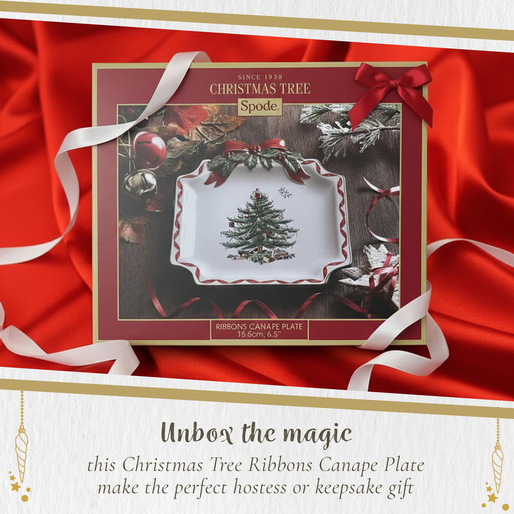 Spode Christmas Tree Ribbons Square Platter with Bow Handles - 11-Inch Holiday Serving Plate for Desserts, Appetizers, & Treats - Festive Christmas Dinnerware with Gold Accents - Dishwasher Safe