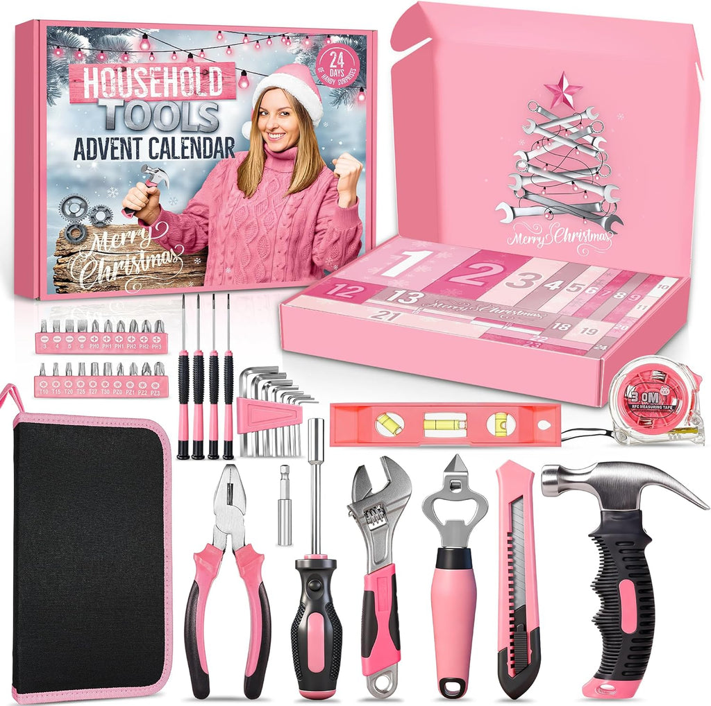 Skiennix Household Tool Advent Calendar - 24-Day Pink Countdown Kit for Women & Teens | Perfect Christmas Gift