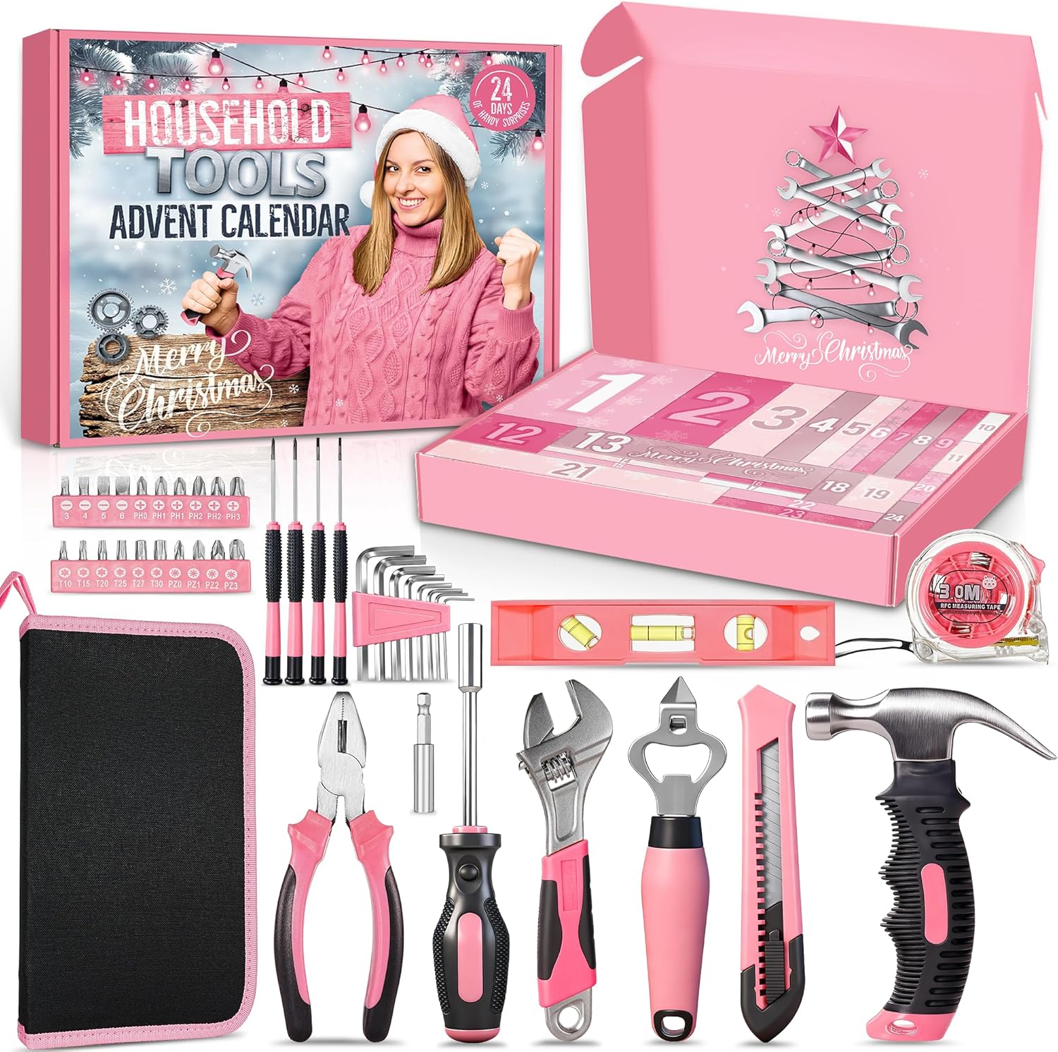 Skiennix Household Tool Advent Calendar - 24-Day Pink Countdown Kit for Women & Teens | Perfect Christmas Gift