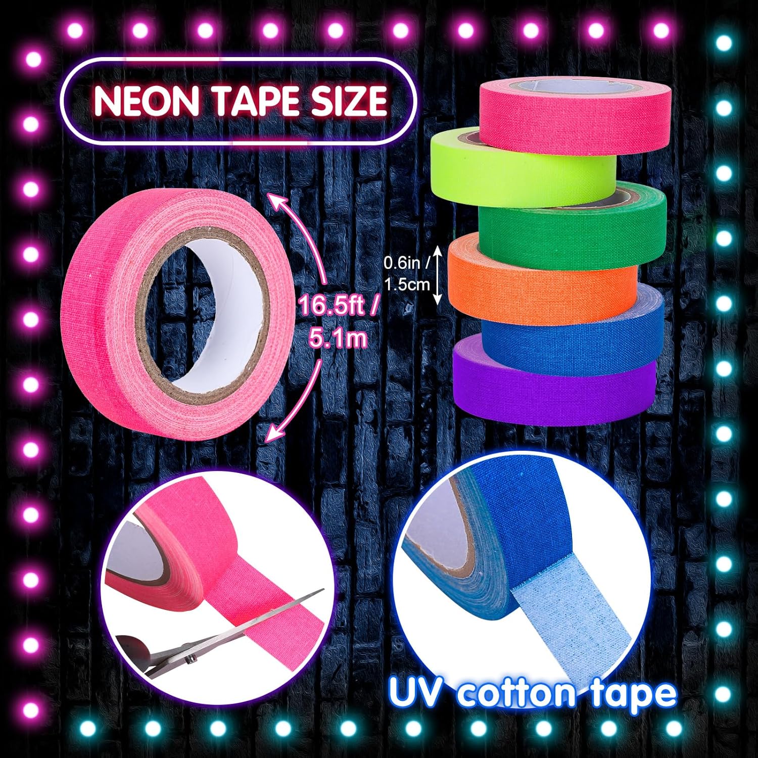 Whaline Neon Gaffer Cloth Tape - Fluorescent UV Blacklight Tape for Parties | 0.6 Inch x 16.5 Feet
