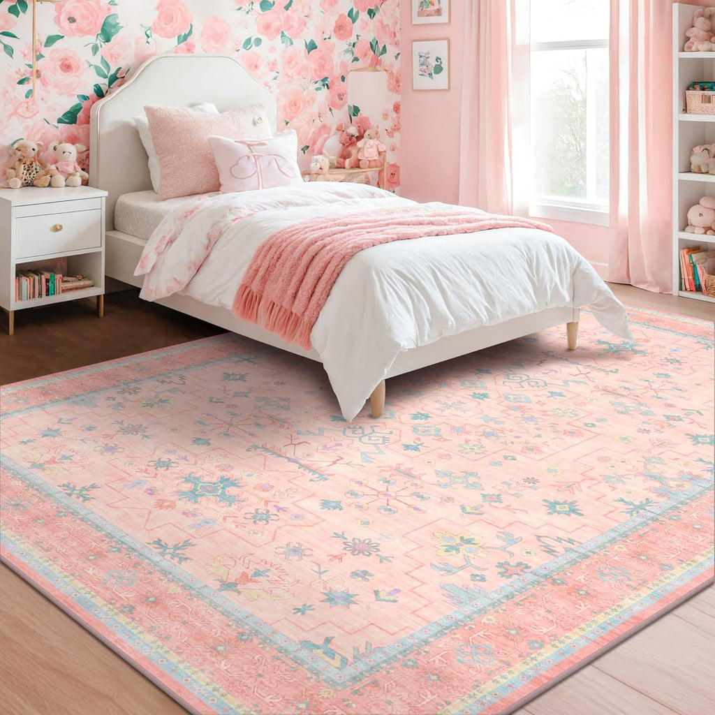 Skiennix Boho Area Rug - Washable Pink & Blue Floral Design | Soft Low Pile 7x9 for Kids' Rooms