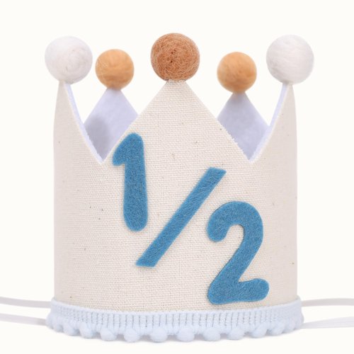 BASCT Blue and Cream 1/2 Birthday Hat for Baby Boys – Halfway to One Birthday Crown, Light Blue Felt Number Half Bday Decorations, 6 Months Milestone Party Hat for Baby Boy Photo Prop