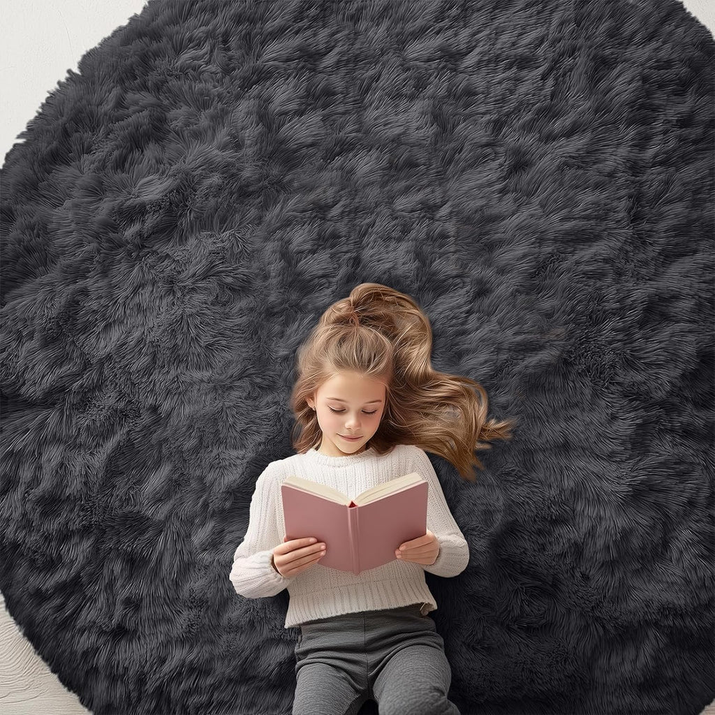 OLANLY Black Round Area Rug - Soft, Fluffy, Machine Washable 7 ft Circle Carpet for Bedroom & Living Room Decor