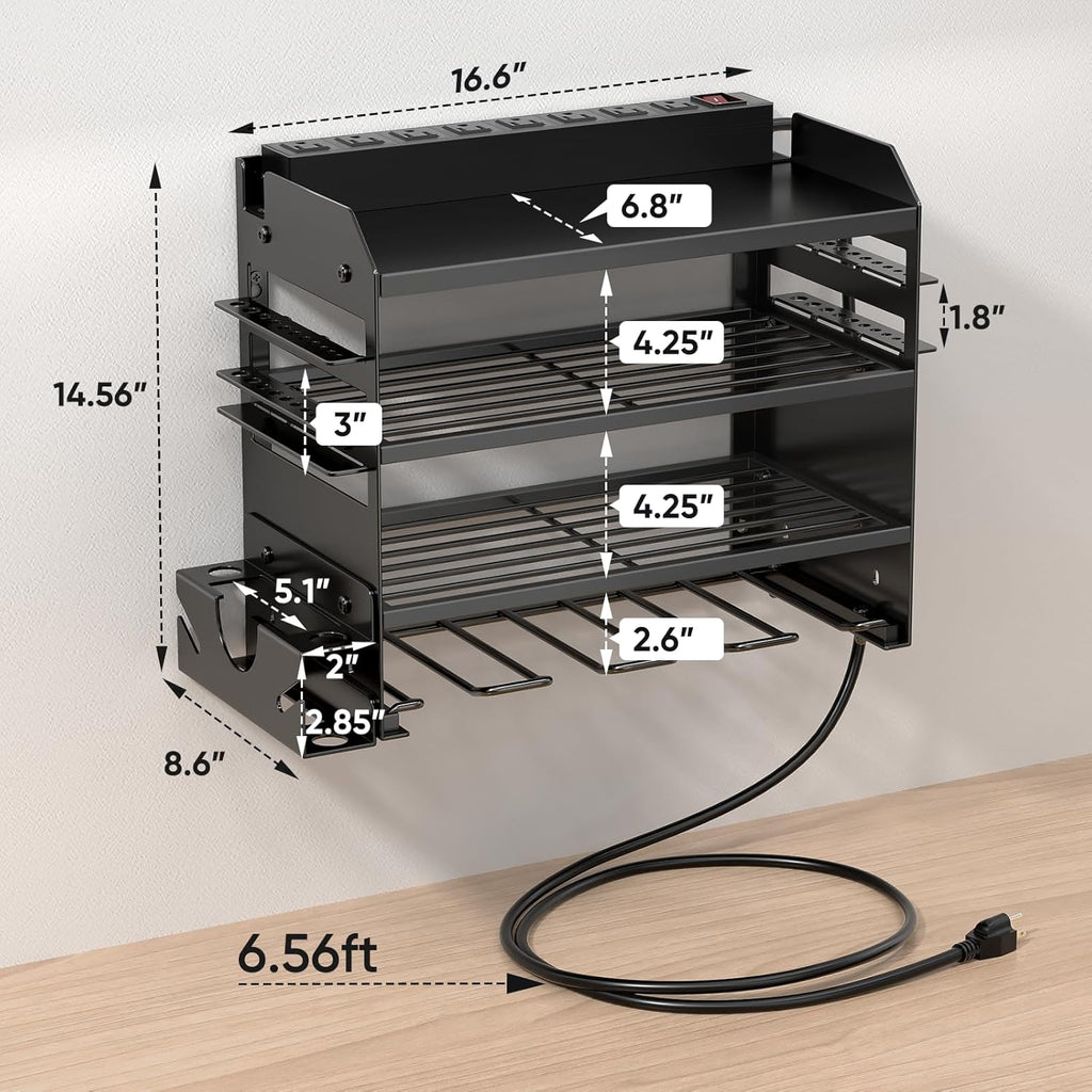 POKIPO Power Tool Organizer - Wall Mount Storage Rack with Charging Station & 8 Outlet Power Strip | Heavy Duty Metal for Garage