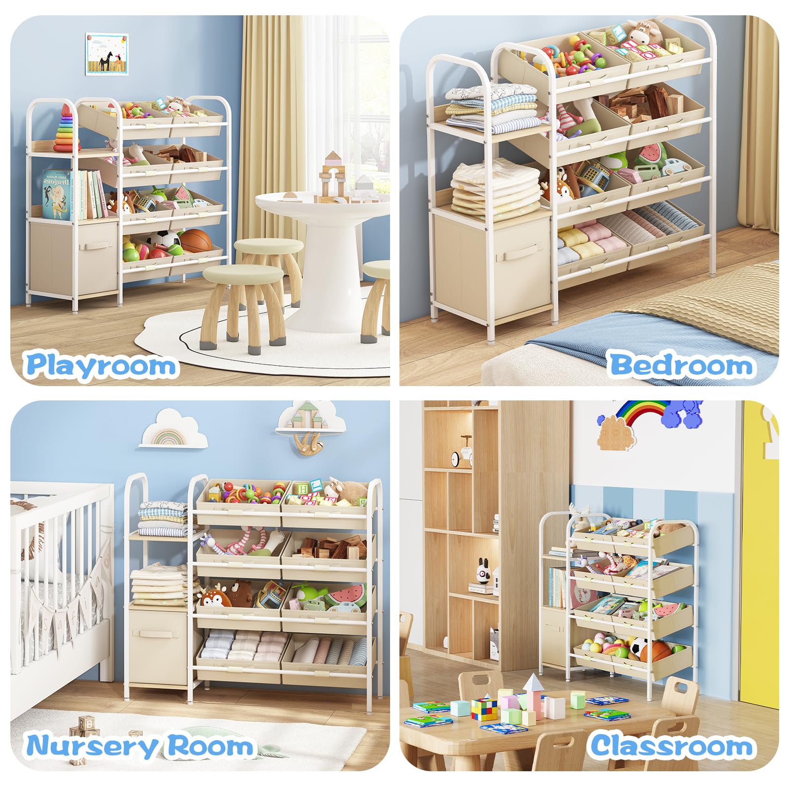 Fixwal Toy Storage Organizer with Fabric Drawers and Bookshelf, 3 Shelves Kids Bookshelf for Nursery with Storage Toy Bins, for Playroom, Living Room