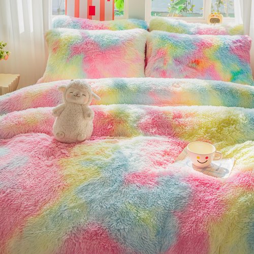 Roscloud Faux Fur Kids Girls Rainbow Comforter Sets Queen - 3PC Bed Set Warm Comfortable Soft Plush Flannel Velvet Fluffy Fuzzy Bedding（Comforter x 1 Pillowcases x 2）