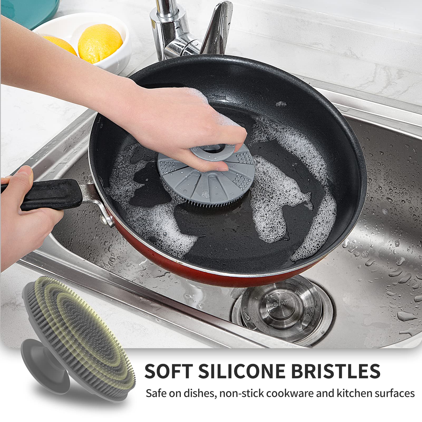 Silicone Sponge 3 Pack, BEAUTAIL Non-Scratch Scrub Sponges, for Washing Dishes and Cleaning Kitchen, Long Lasting and Reusable Dishwashing Scrubber, Suction Up Hang Designed, Black+Olive Green+Gray