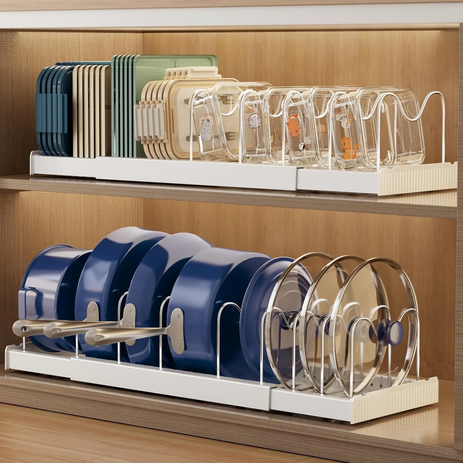 Magheo Expandable Food Storage Container Lid Organizers - 22" Under Cabinet Rack with 9 Adjustable Dividers (White)