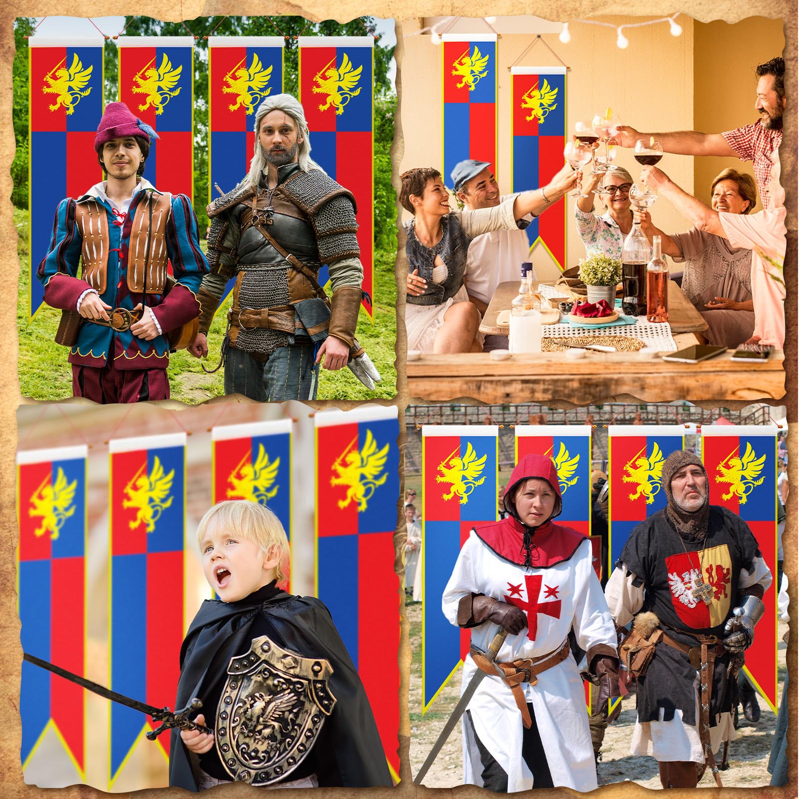 Oudain 4 ft Medieval Fantasy Pull-down Banner with Lion Design Hanging Party Bunting Banner Medieval Party Decorations Garden Cutouts Flag for Castle Theme Festival Birthday Decor(4 Pcs)