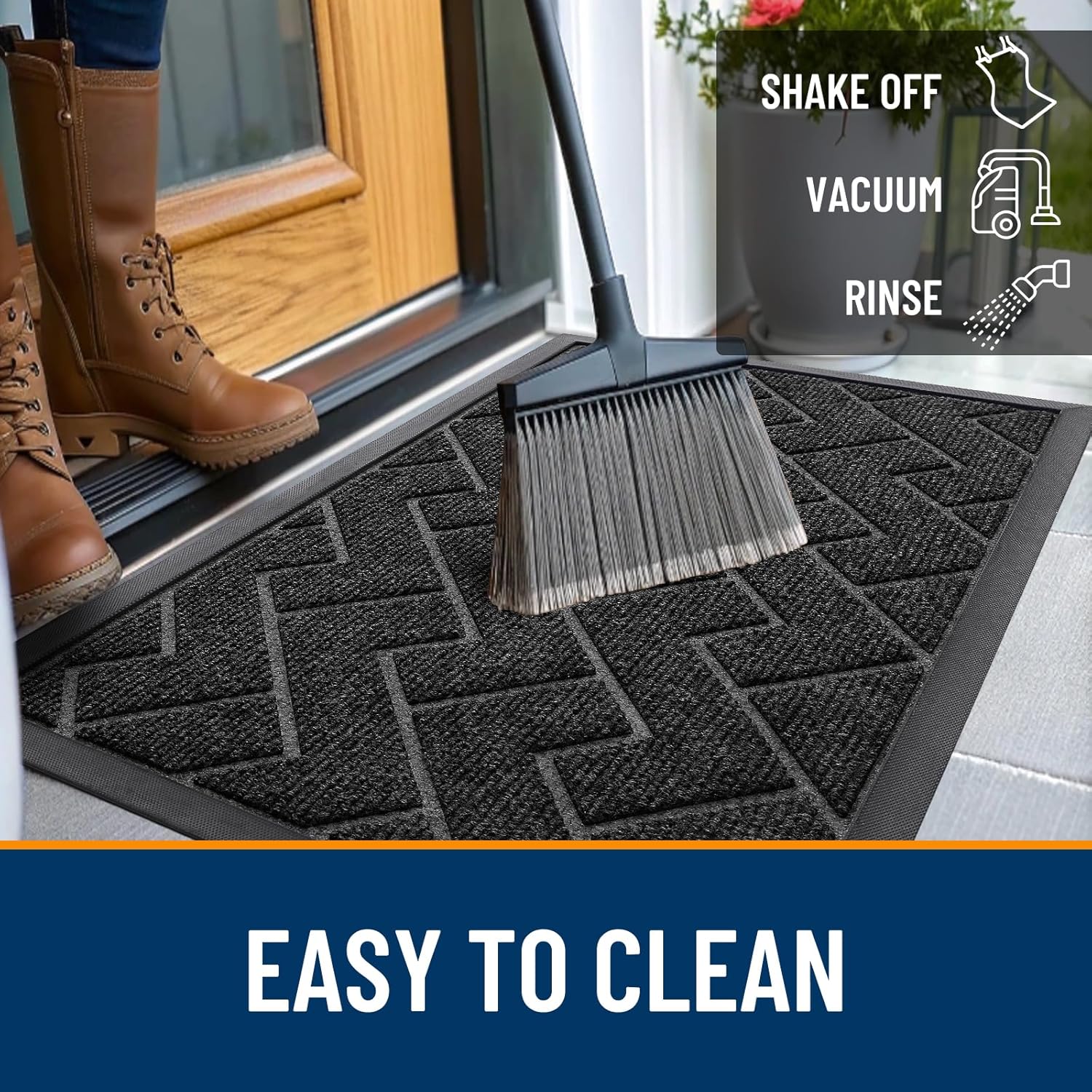 OLANLY Waterproof All-Season Front Door Mat - Sturdy Natural Rubber, Easy Clean Herringbone Design | Black, 59x23