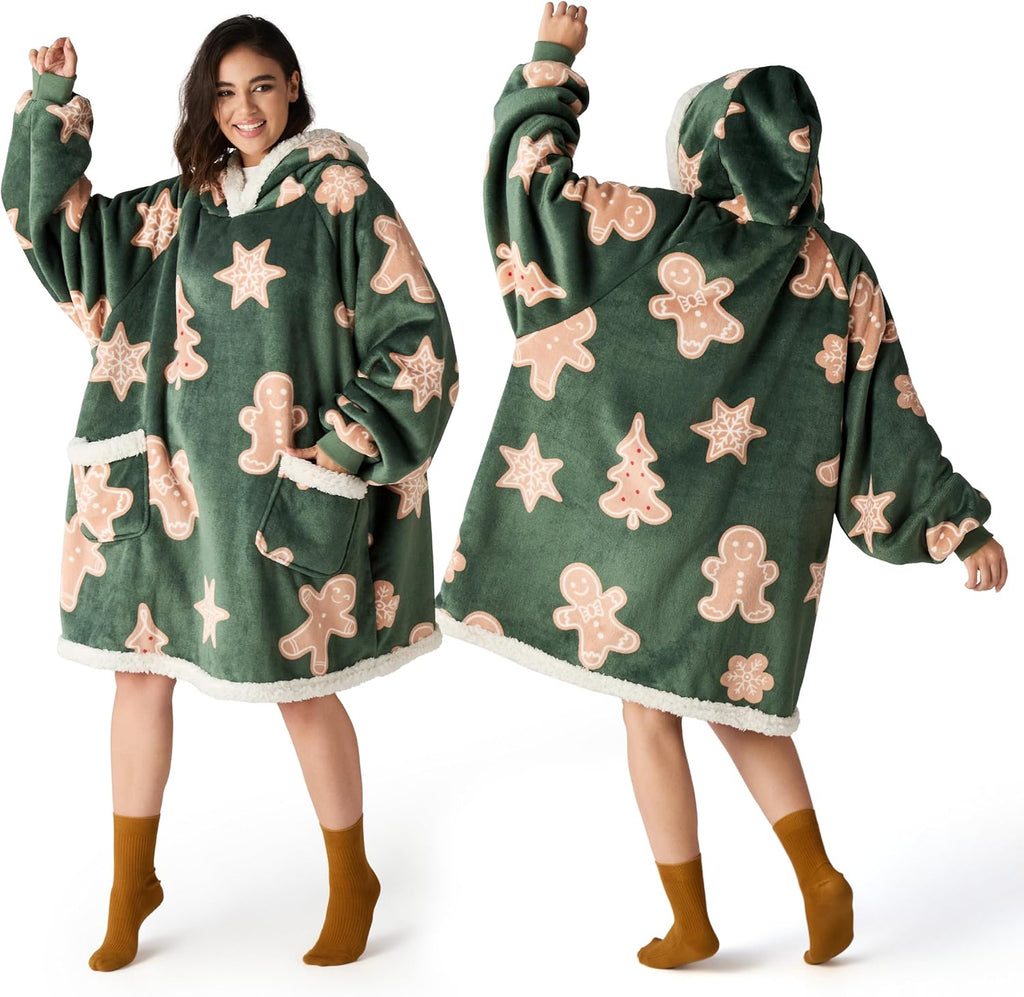 Bedsure Wearable Blanket Hoodie - Cozy Sherpa Hooded Blanket for Adults & Kids | Gingerbread & Olive Green
