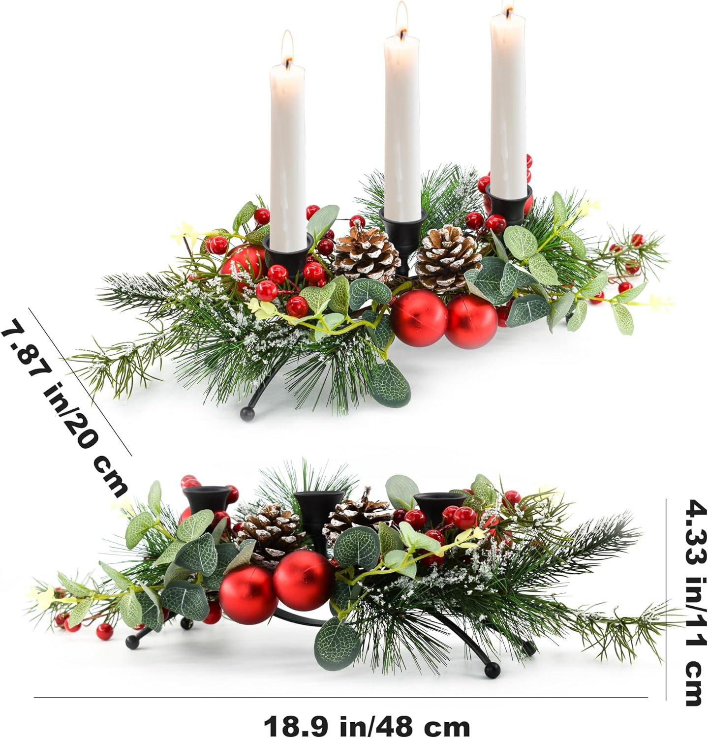 MrMrKura Christmas Tabletop Centerpiece - 3 Candle Holders with Pine Cones & Red Berries for Dining Room Decor