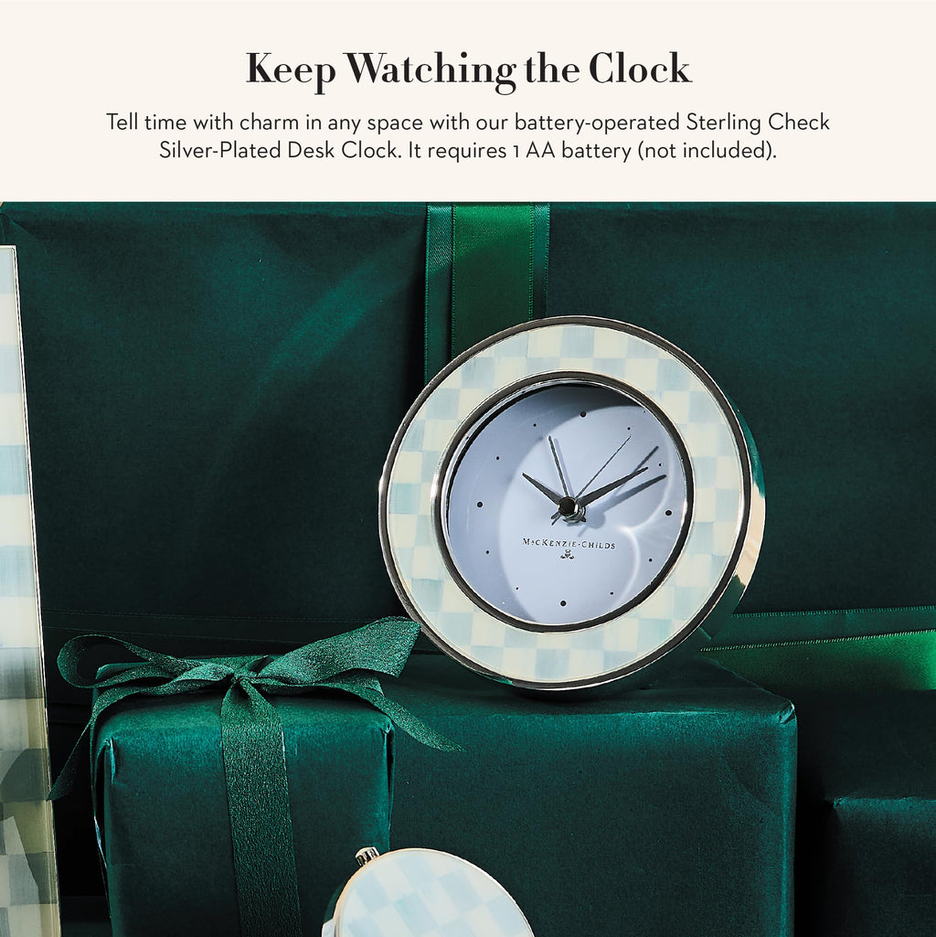 MACKENZIE-CHILDS Silver-Plated Round Desk Clock, Decorative Clock for Living Room, Kitchen, or Office, Gray-and-White Sterling Check