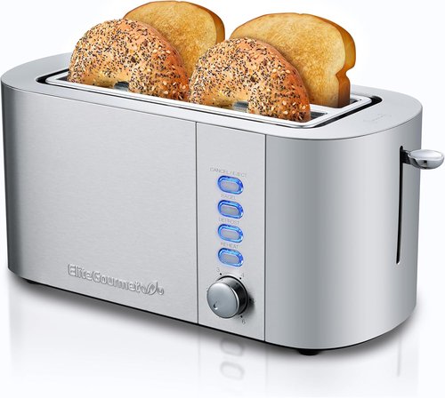 Elite Gourmet ECT4123X Long Slot 4-Slice Toaster - Extra Wide Slots, 6 Shade Settings, Stainless Steel