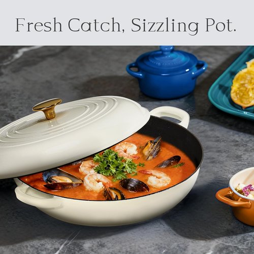CAROTE Enameled Cast Iron Braiser Pan - 3.4QT Shallow Dutch Oven with Lid for Grilling & Baking | Non-Toxic White