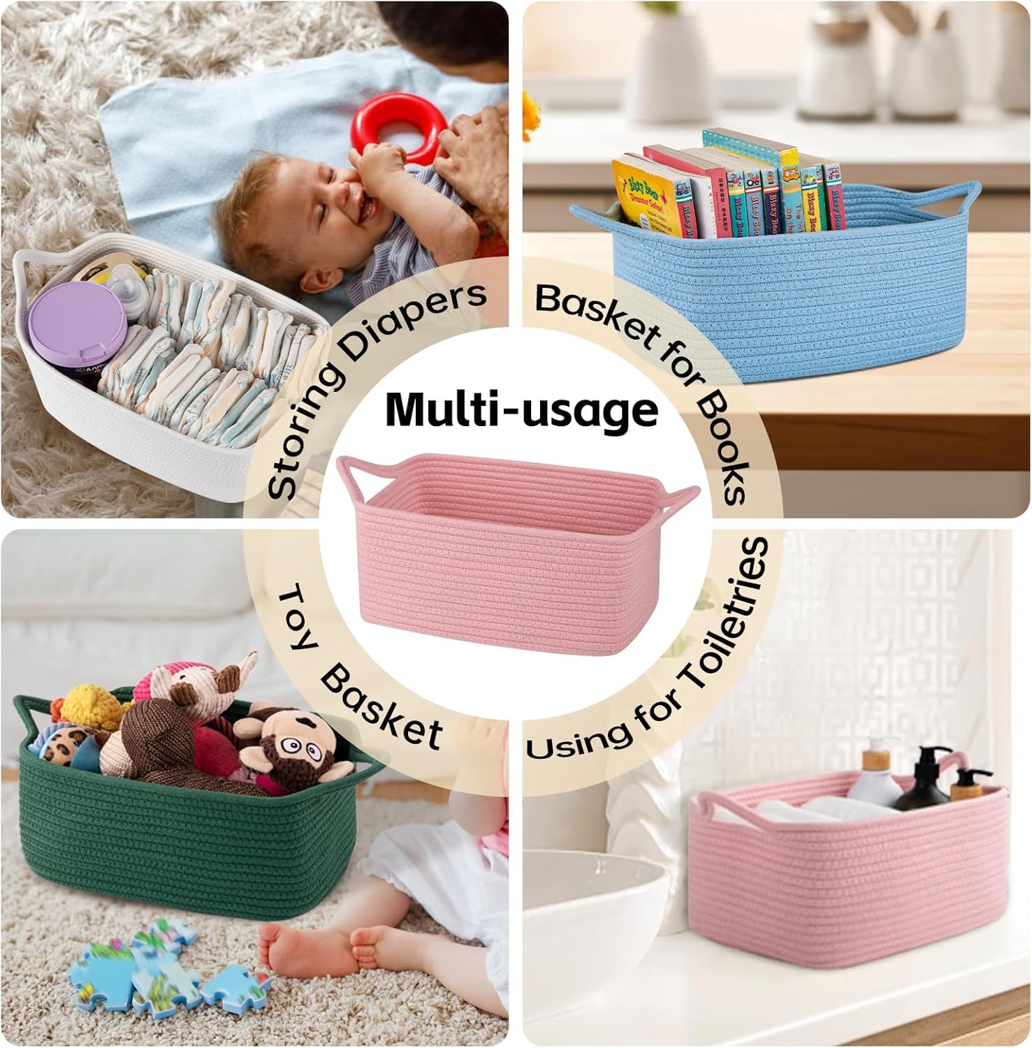 OIAHOMY Woven Storage Basket - 19L Gift Basket with Handles for Baby Showers & Nursery - White