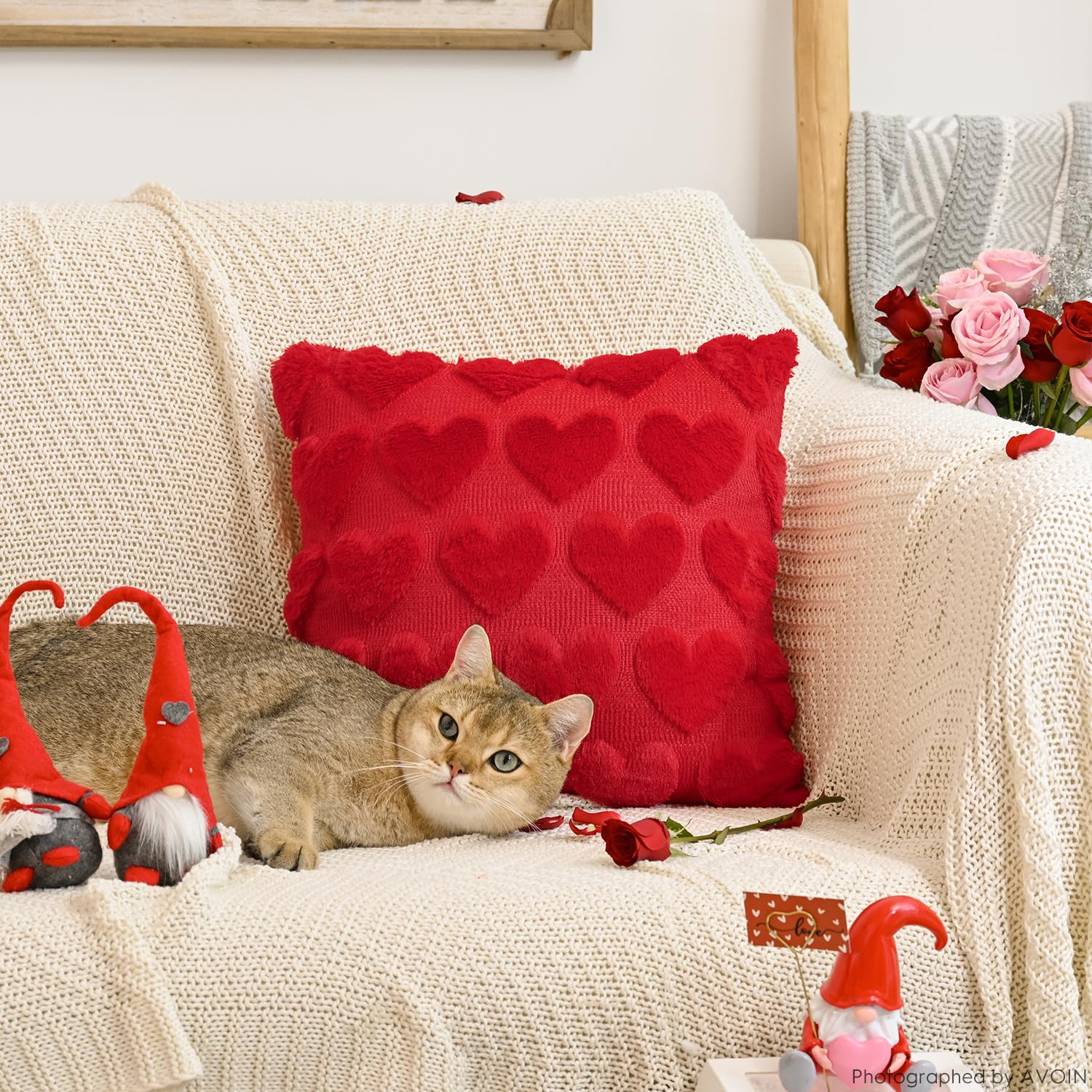 AVOIN colorlife Valentine's Day Love Heart Red Throw Pillow Covers, 18 x 18 Inch Anniversary Wedding Gift Home Decor Soft Plush Faux Fur Jacquard Cushion Case for Sofa Couch Set of 2