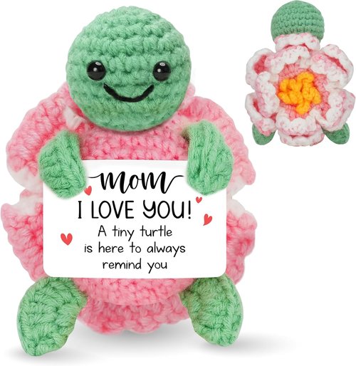HEXMOZ Mother's Day Gifts | Sentimental I Love You Mom Gift - Pink Turtle Crochet with Positive Card